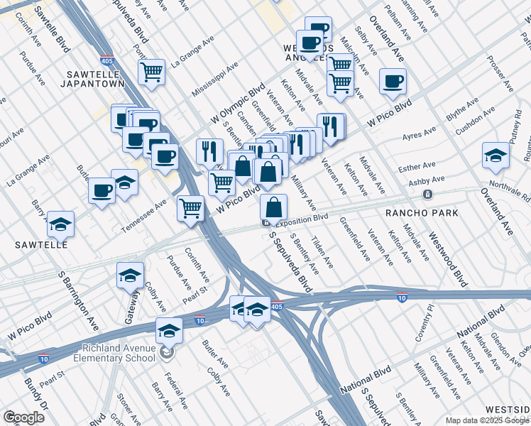 map of restaurants, bars, coffee shops, grocery stores, and more near 11060 West Pico Boulevard in Los Angeles