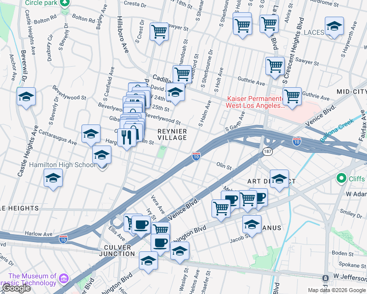 map of restaurants, bars, coffee shops, grocery stores, and more near 2652 South Bedford Street in Los Angeles