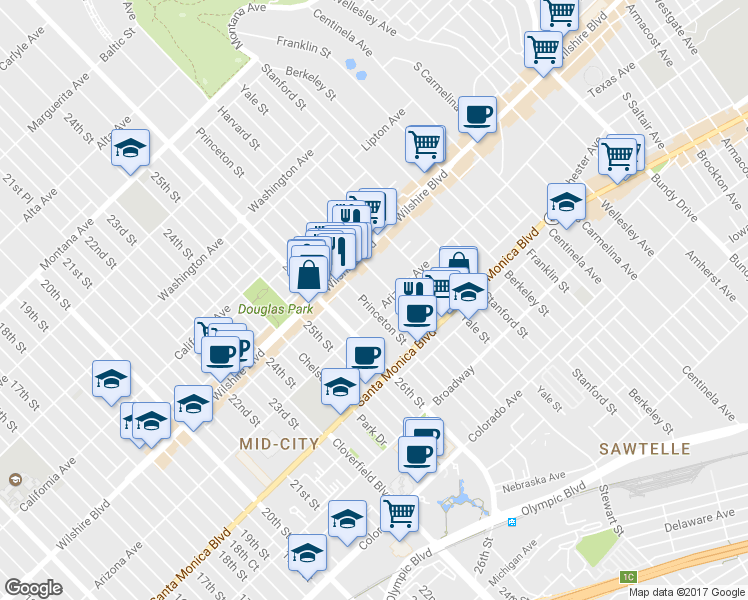 map of restaurants, bars, coffee shops, grocery stores, and more near 2803 Arizona Avenue in Santa Monica