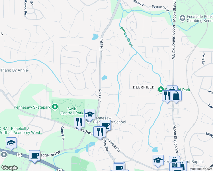 map of restaurants, bars, coffee shops, grocery stores, and more near 3384 Jiles Road in Kennesaw