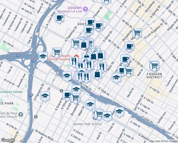 map of restaurants, bars, coffee shops, grocery stores, and more near 302 West 14th Street in Los Angeles