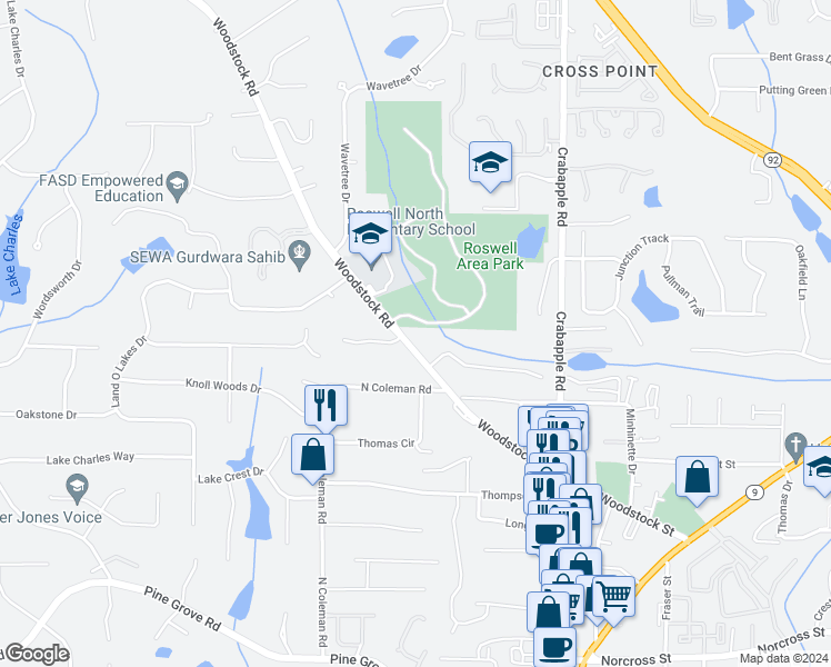 map of restaurants, bars, coffee shops, grocery stores, and more near 10485 Woodstock Road in Roswell