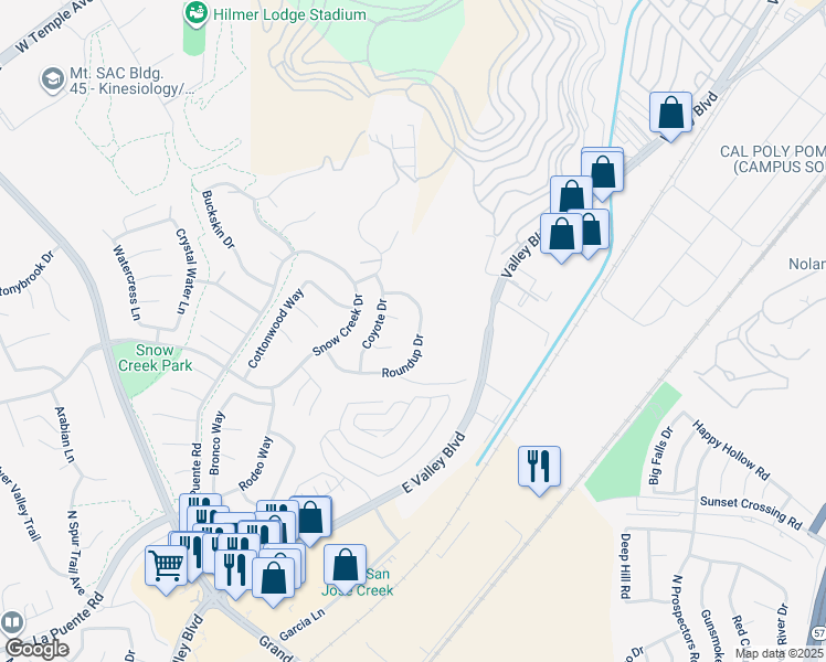 map of restaurants, bars, coffee shops, grocery stores, and more near 22251 Roundup Drive in Walnut