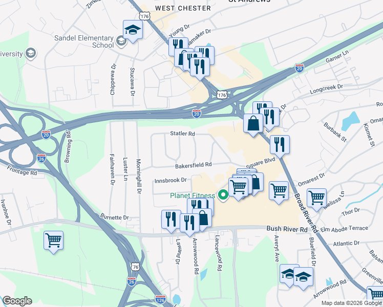map of restaurants, bars, coffee shops, grocery stores, and more near 1121 Glenoaks Road in Columbia