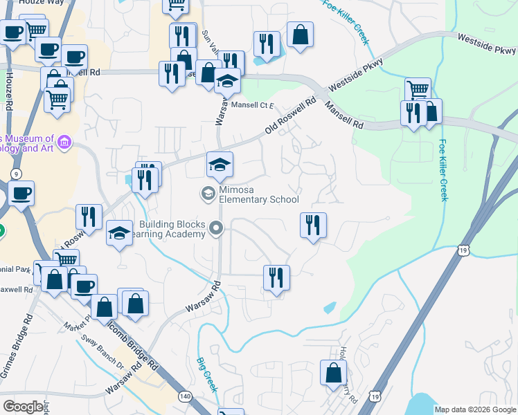 map of restaurants, bars, coffee shops, grocery stores, and more near 30 Parkcreek Court in Roswell