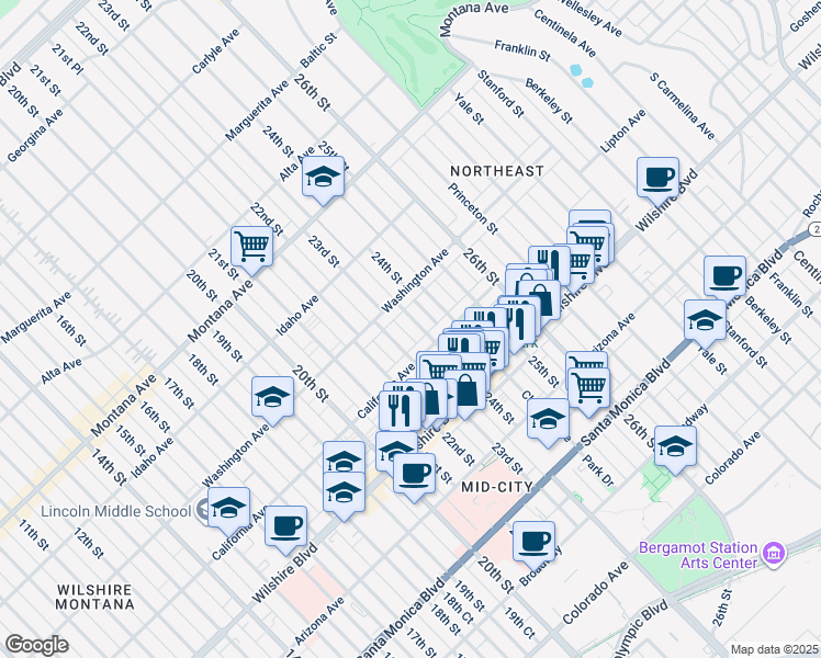 map of restaurants, bars, coffee shops, grocery stores, and more near 1034 24th Street in Santa Monica