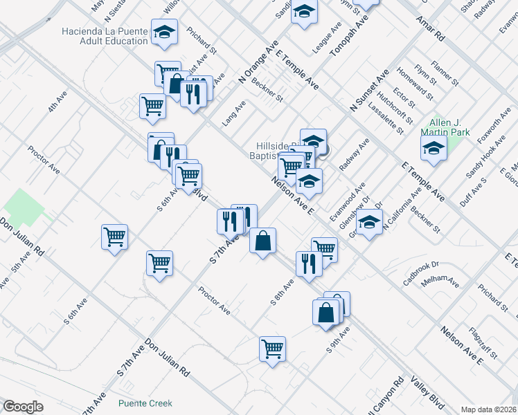 map of restaurants, bars, coffee shops, grocery stores, and more near 125 North Sunset Avenue in La Puente