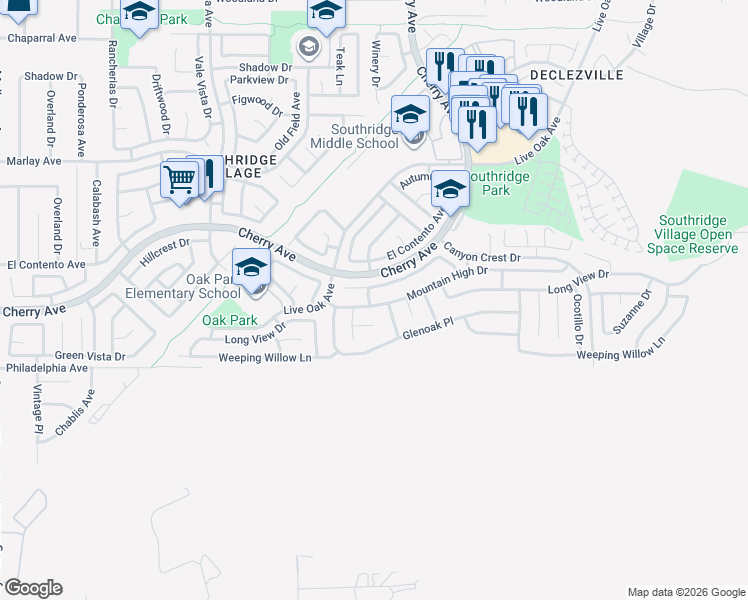map of restaurants, bars, coffee shops, grocery stores, and more near 14412 Mountain High Drive in Fontana
