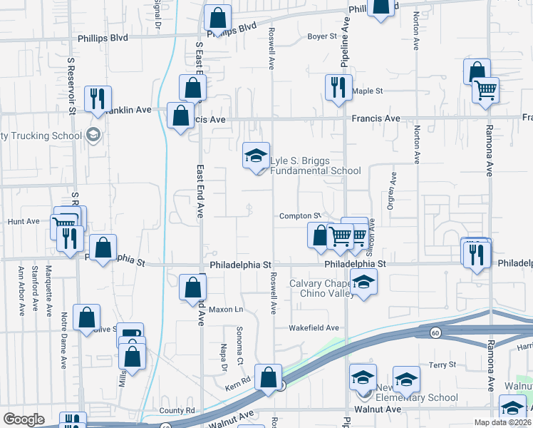 map of restaurants, bars, coffee shops, grocery stores, and more near 11923 Roswell Avenue in Chino