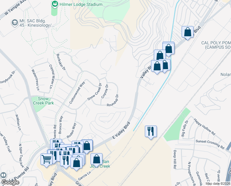 map of restaurants, bars, coffee shops, grocery stores, and more near 22251 Roundup Drive in Walnut