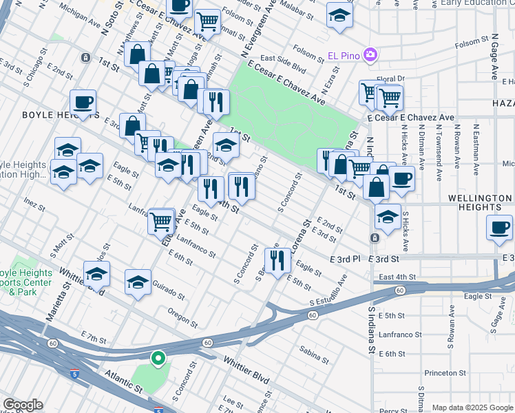 map of restaurants, bars, coffee shops, grocery stores, and more near 3203 East 3rd Street in Los Angeles