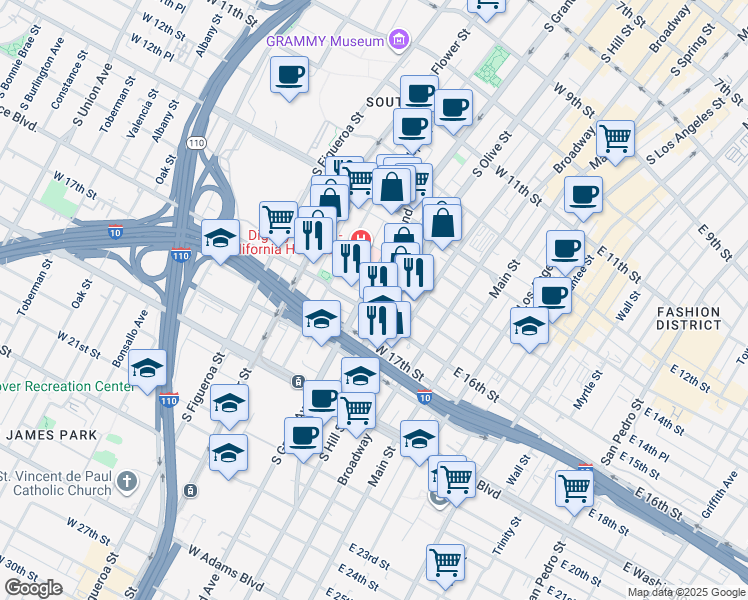 map of restaurants, bars, coffee shops, grocery stores, and more near 1414 South Grand Avenue in Los Angeles
