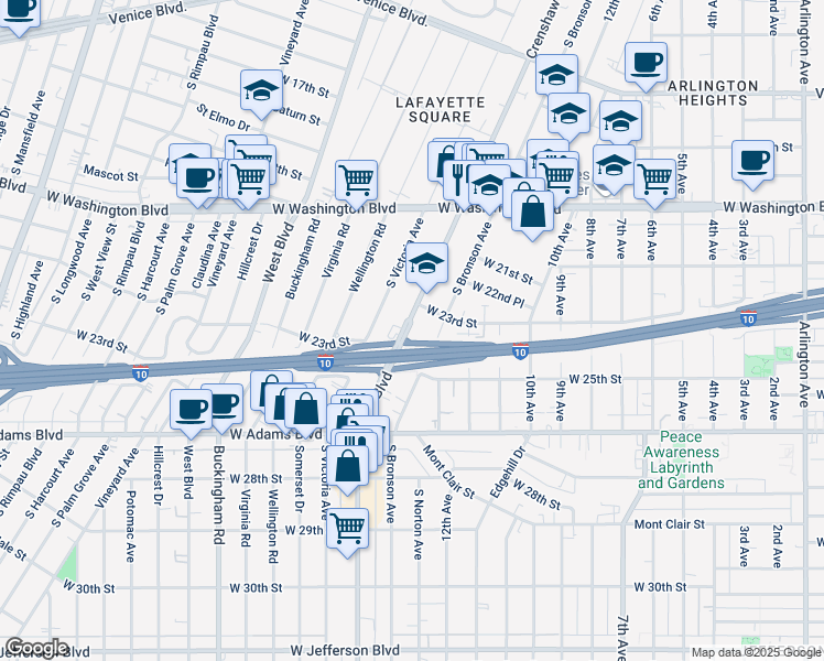 map of restaurants, bars, coffee shops, grocery stores, and more near 2321 Crenshaw Boulevard in Los Angeles