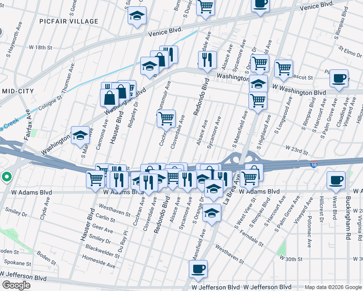 map of restaurants, bars, coffee shops, grocery stores, and more near 2312 1/2 Cochran Avenue in Los Angeles