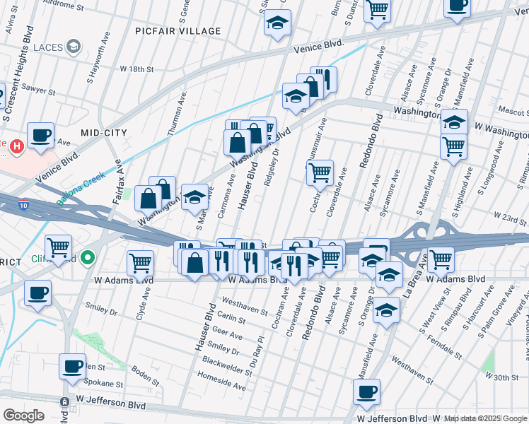 map of restaurants, bars, coffee shops, grocery stores, and more near 2233 South Ridgeley Drive in Los Angeles