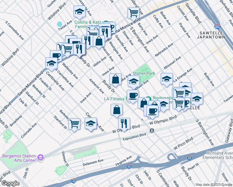 map of restaurants, bars, coffee shops, grocery stores, and more near 1808 South Bundy Drive in Los Angeles