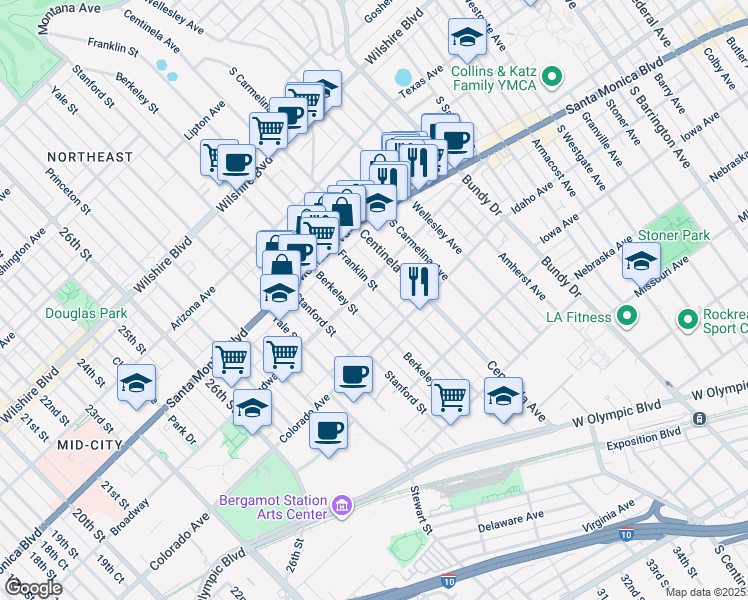 map of restaurants, bars, coffee shops, grocery stores, and more near 1503 Franklin Street in Santa Monica