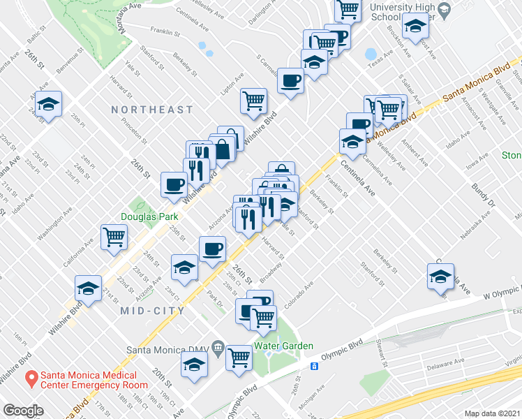 map of restaurants, bars, coffee shops, grocery stores, and more near 2832 Arizona Avenue in Santa Monica