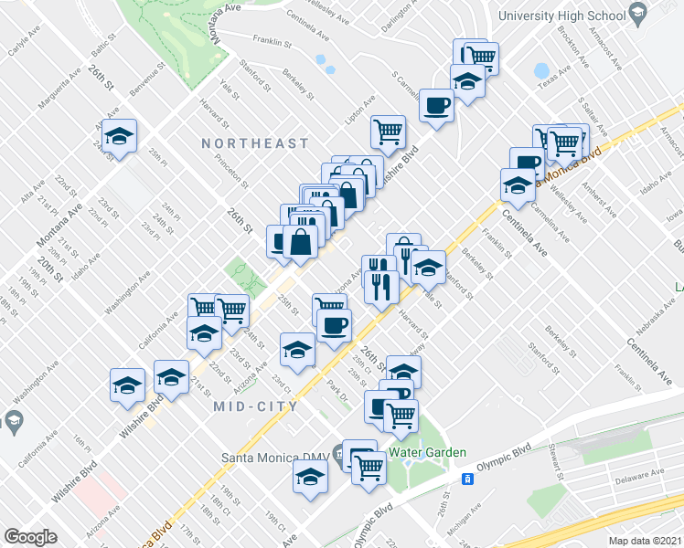 map of restaurants, bars, coffee shops, grocery stores, and more near 2803 Arizona Avenue in Santa Monica