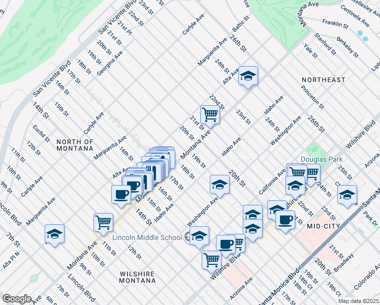 map of restaurants, bars, coffee shops, grocery stores, and more near 733 19th Street in Santa Monica