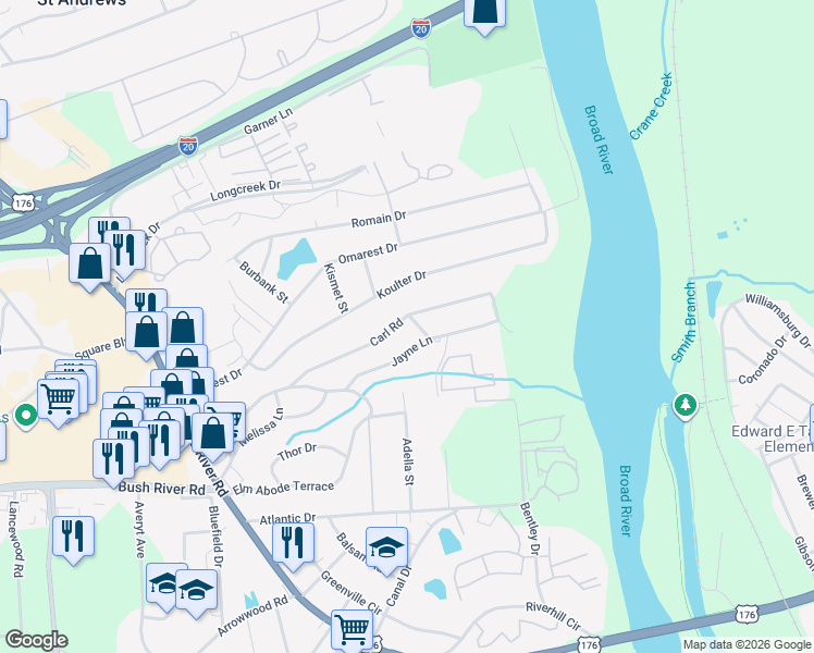 map of restaurants, bars, coffee shops, grocery stores, and more near 1706 Carl Road in Columbia