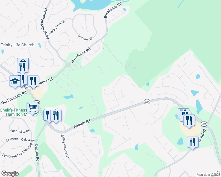 map of restaurants, bars, coffee shops, grocery stores, and more near 1096 Chippewa Oak Drive Northeast in Dacula