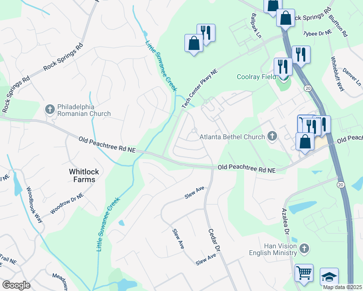 map of restaurants, bars, coffee shops, grocery stores, and more near 2410 Clock Face Court in Lawrenceville