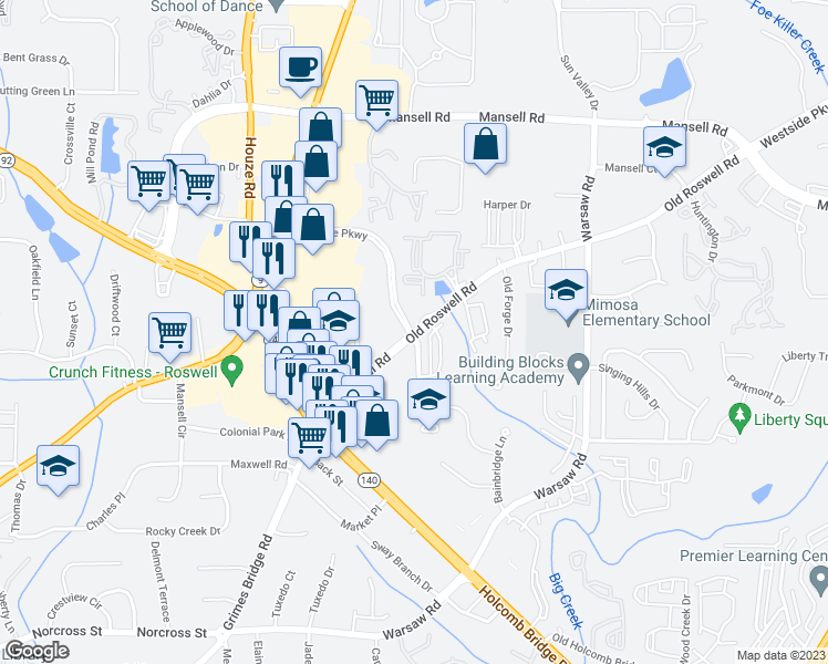 map of restaurants, bars, coffee shops, grocery stores, and more near Commerce Parkway in Roswell