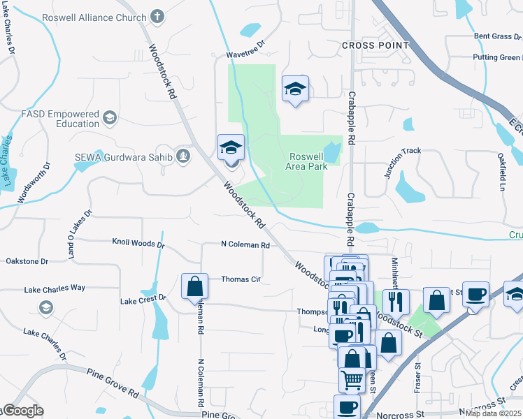 map of restaurants, bars, coffee shops, grocery stores, and more near 10485 Woodstock Road in Roswell
