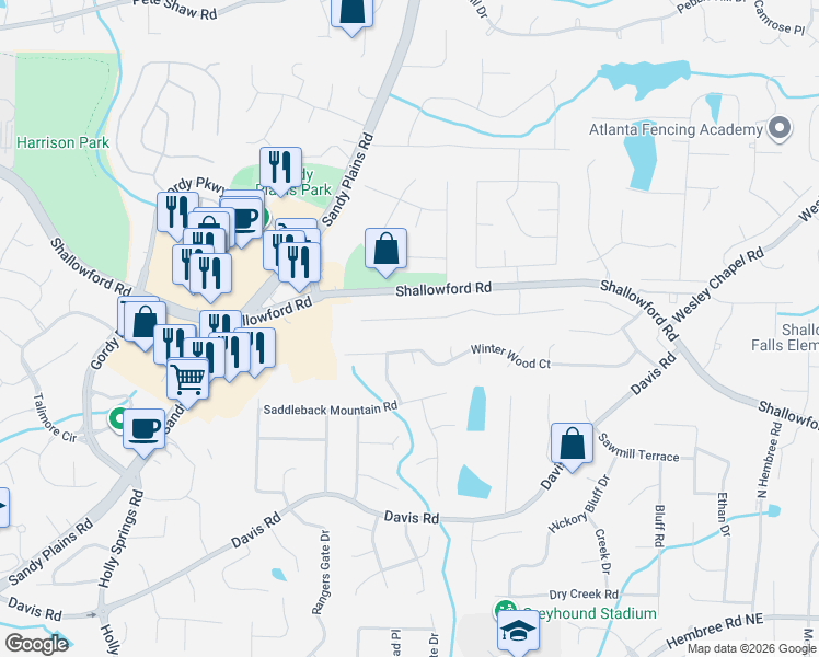 map of restaurants, bars, coffee shops, grocery stores, and more near 3321 Keenland Road in Marietta