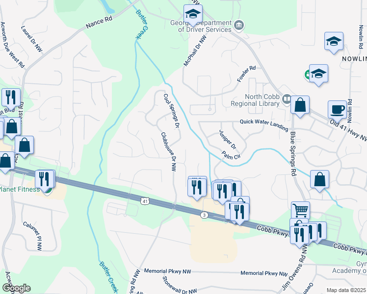 map of restaurants, bars, coffee shops, grocery stores, and more near 313 Clubhouse Court Northwest in Kennesaw