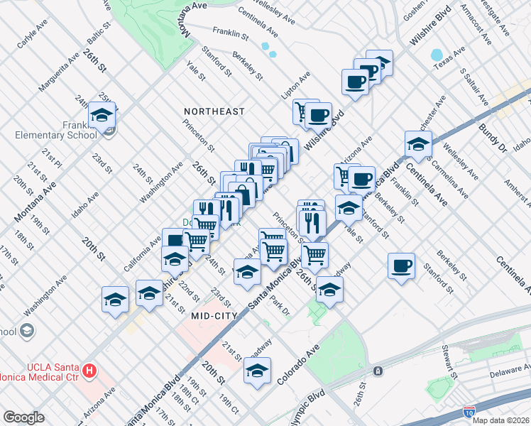 map of restaurants, bars, coffee shops, grocery stores, and more near 1230 Princeton Street in Santa Monica