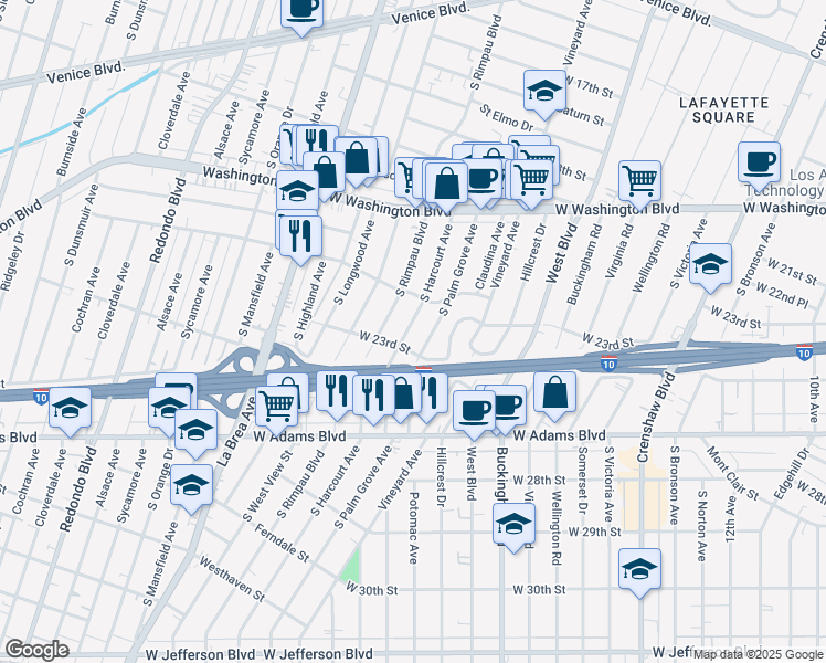 map of restaurants, bars, coffee shops, grocery stores, and more near 2119 South Harcourt Avenue in Los Angeles