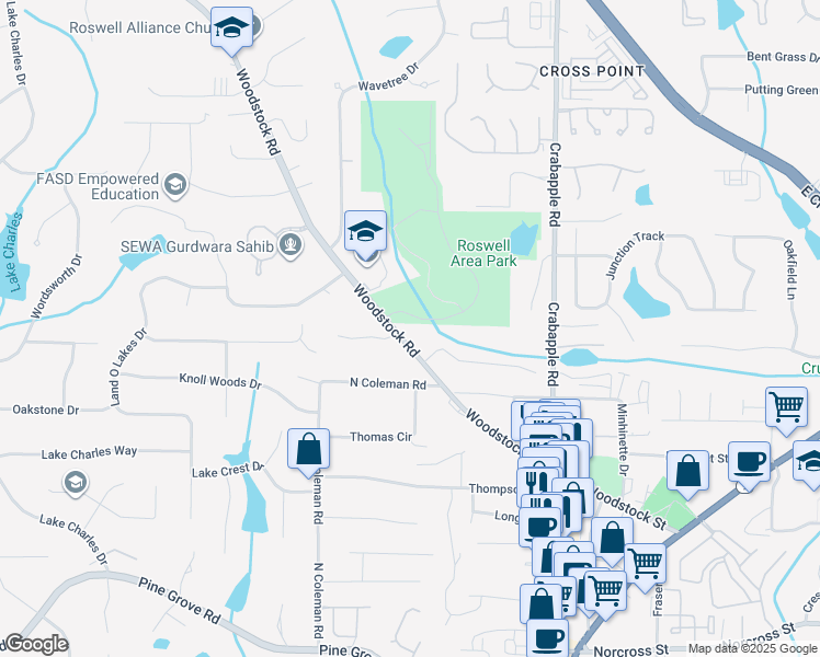 map of restaurants, bars, coffee shops, grocery stores, and more near 10485 Woodstock Road in Roswell