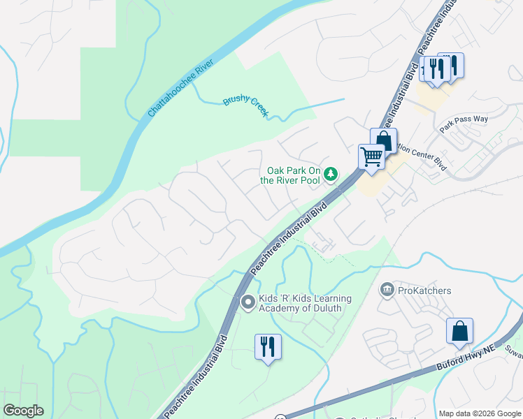 map of restaurants, bars, coffee shops, grocery stores, and more near 3944 Riverstone Drive in Suwanee