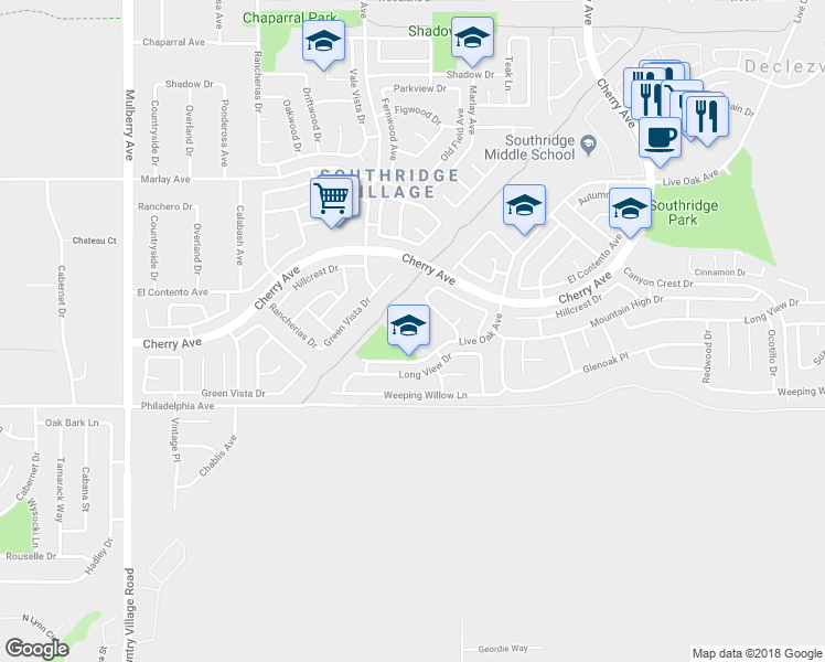 map of restaurants, bars, coffee shops, grocery stores, and more near 14200 Live Oak Avenue in Fontana