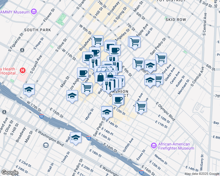 map of restaurants, bars, coffee shops, grocery stores, and more near 501 East 11th Street in Los Angeles