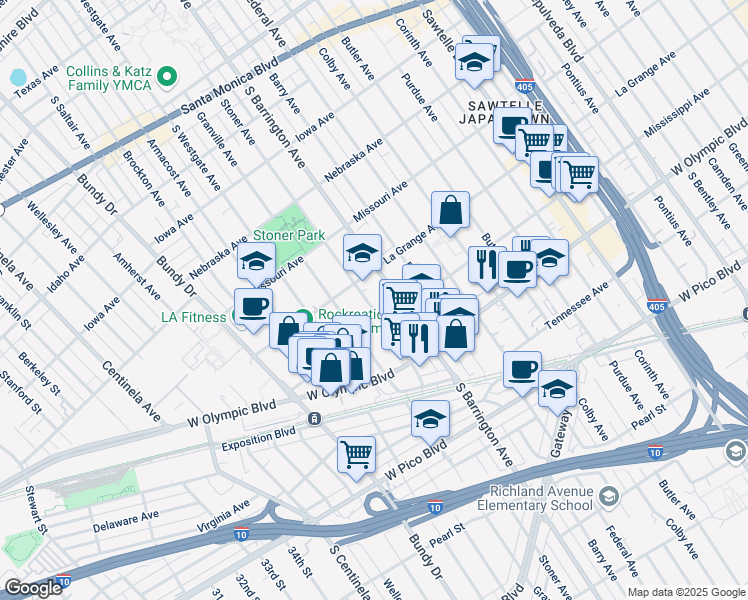 map of restaurants, bars, coffee shops, grocery stores, and more near 2001 South Barrington Avenue in Los Angeles
