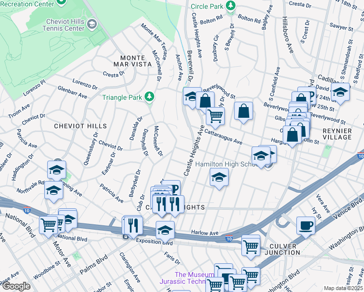 map of restaurants, bars, coffee shops, grocery stores, and more near 9833 Kincardine Avenue in Los Angeles