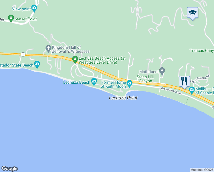 map of restaurants, bars, coffee shops, grocery stores, and more near 31671 Sea Level Drive in Malibu