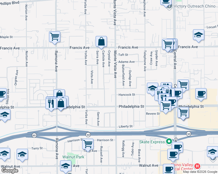 map of restaurants, bars, coffee shops, grocery stores, and more near 4853 Jackson Court in Chino