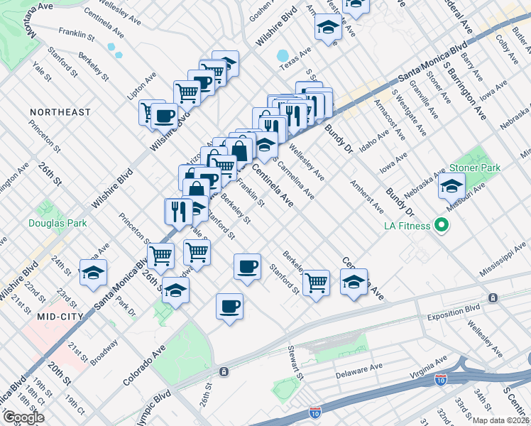 map of restaurants, bars, coffee shops, grocery stores, and more near 1524 Franklin Street in Santa Monica