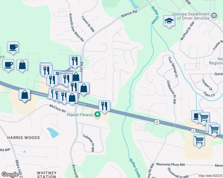 map of restaurants, bars, coffee shops, grocery stores, and more near 214 Creel Chase Northwest in Kennesaw