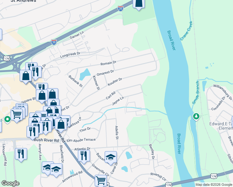 map of restaurants, bars, coffee shops, grocery stores, and more near 1706 Carl Road in Columbia