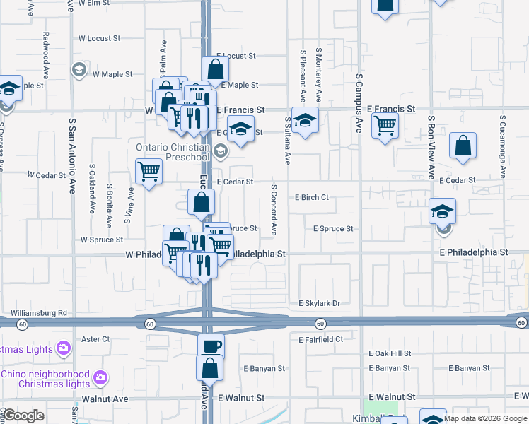 map of restaurants, bars, coffee shops, grocery stores, and more near 2057 South Cherry Avenue in Ontario