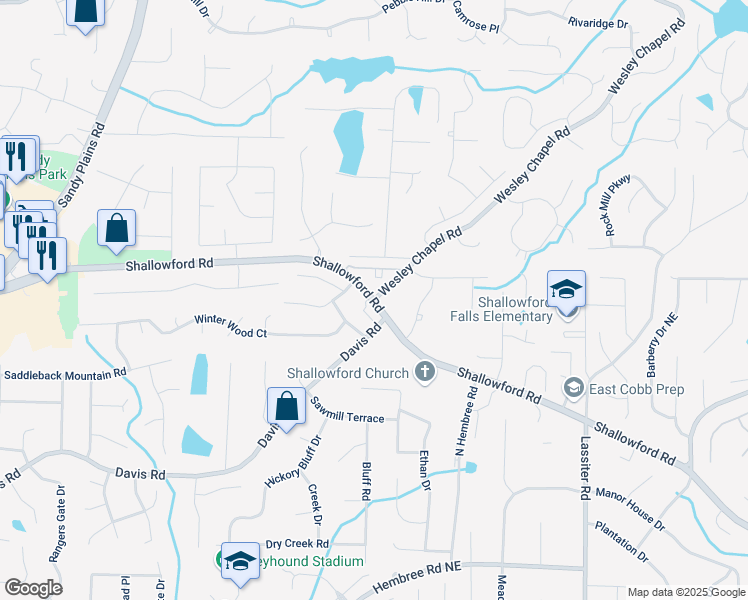 map of restaurants, bars, coffee shops, grocery stores, and more near Shallowford Rd NE & Wesley Chapel Rd in Marietta