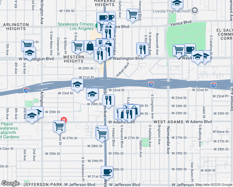 map of restaurants, bars, coffee shops, grocery stores, and more near 2210 South Hobart Boulevard in Los Angeles