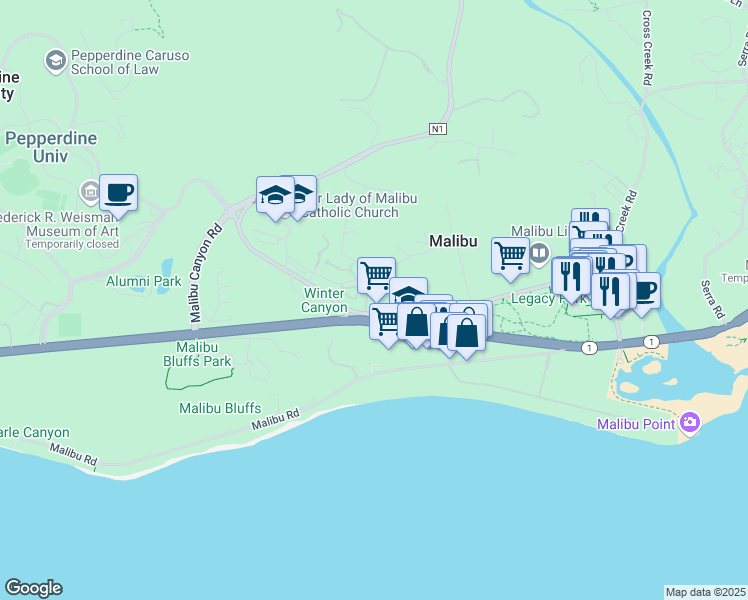 map of restaurants, bars, coffee shops, grocery stores, and more near 23901 Civic Center Way in Malibu