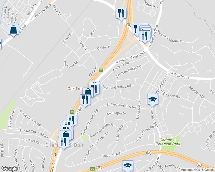 map of restaurants, bars, coffee shops, grocery stores, and more near 23737 Highland Valley Road in Diamond Bar
