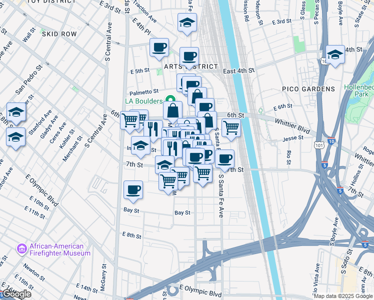 map of restaurants, bars, coffee shops, grocery stores, and more near 647 Mateo Street in Los Angeles